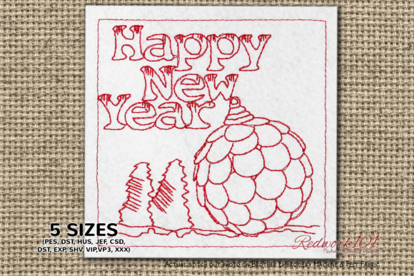 Happy New Year Hanging Baubles Redwork